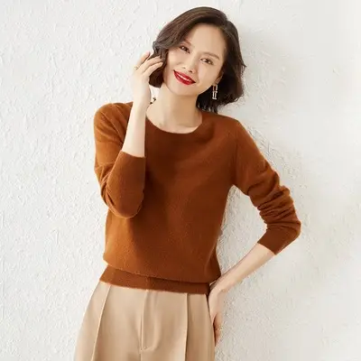 Blue Low Round Neck Long Sleeve Women's Sweater - Image 3