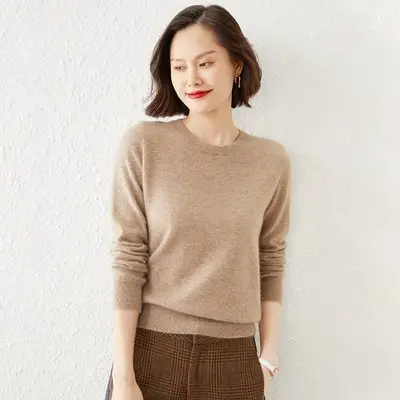 Blue Low Round Neck Long Sleeve Women's Sweater - Image 8