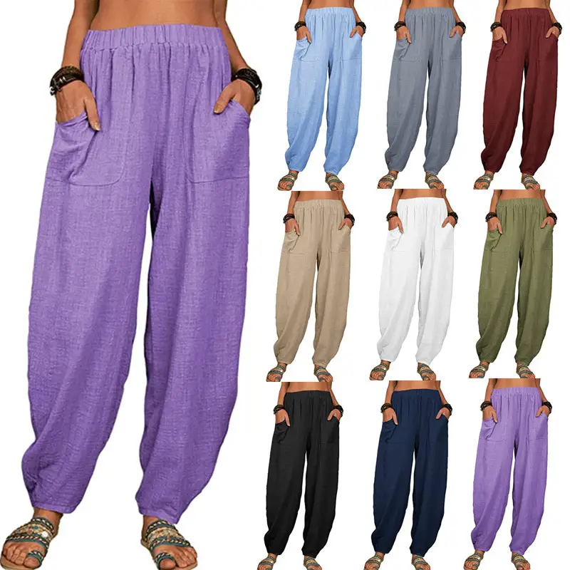Women Loose Cotton Linen Casual Pants Black