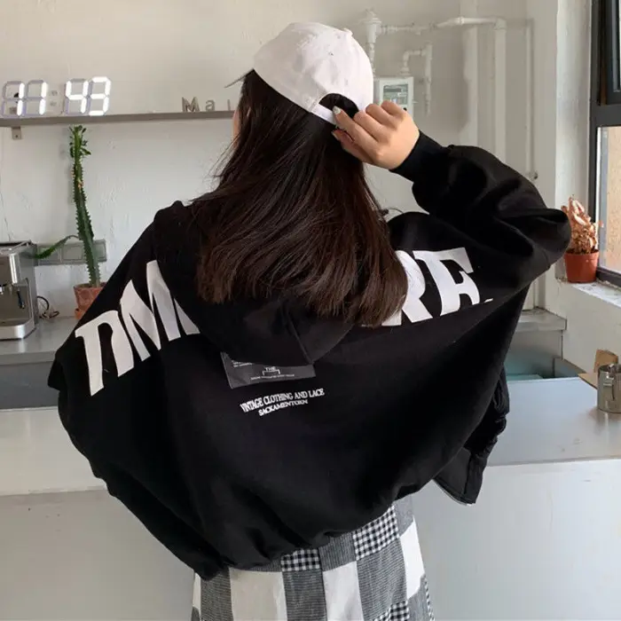 Women Velvet Hoodie Long Sleeve Winter Black - Image 2