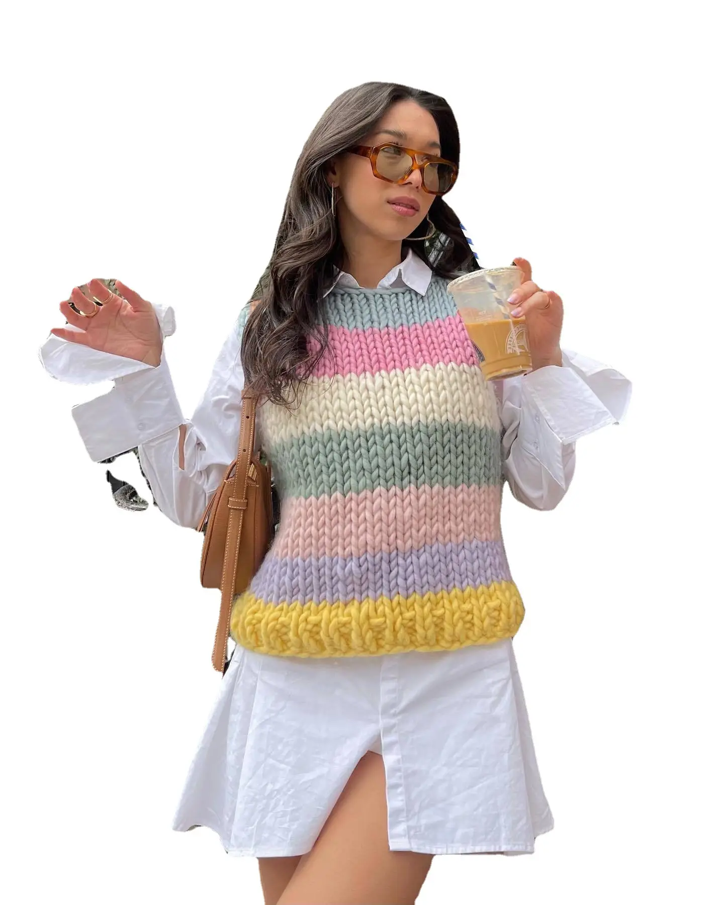Rainbow Knit Pullover Crewneck Women European American