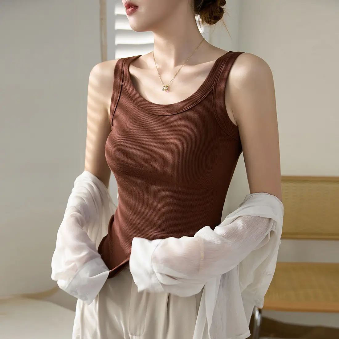 Women's Purple Cotton Vest with Wide Shoulder Straps - Image 11