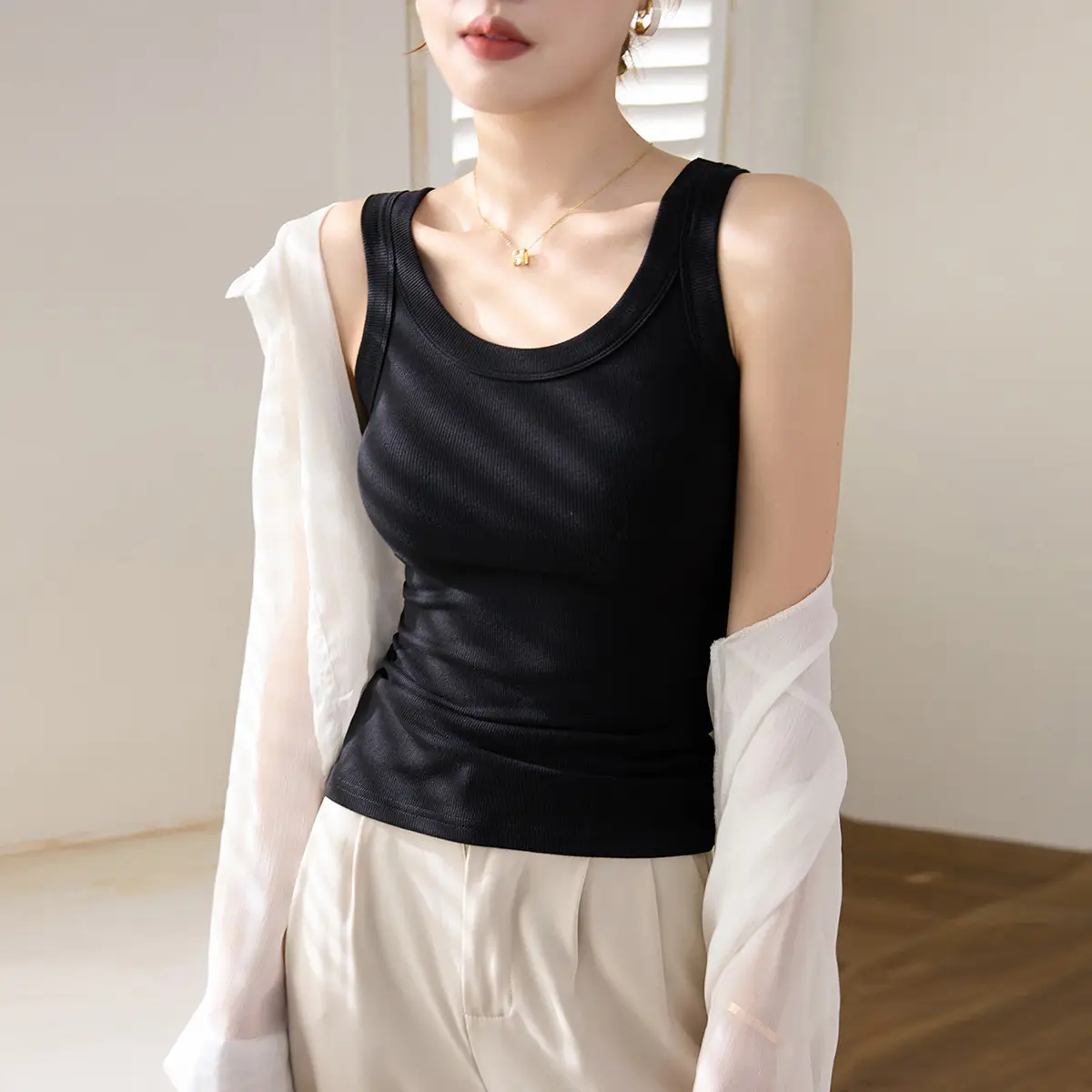 Women's Purple Cotton Vest with Wide Shoulder Straps - Image 4