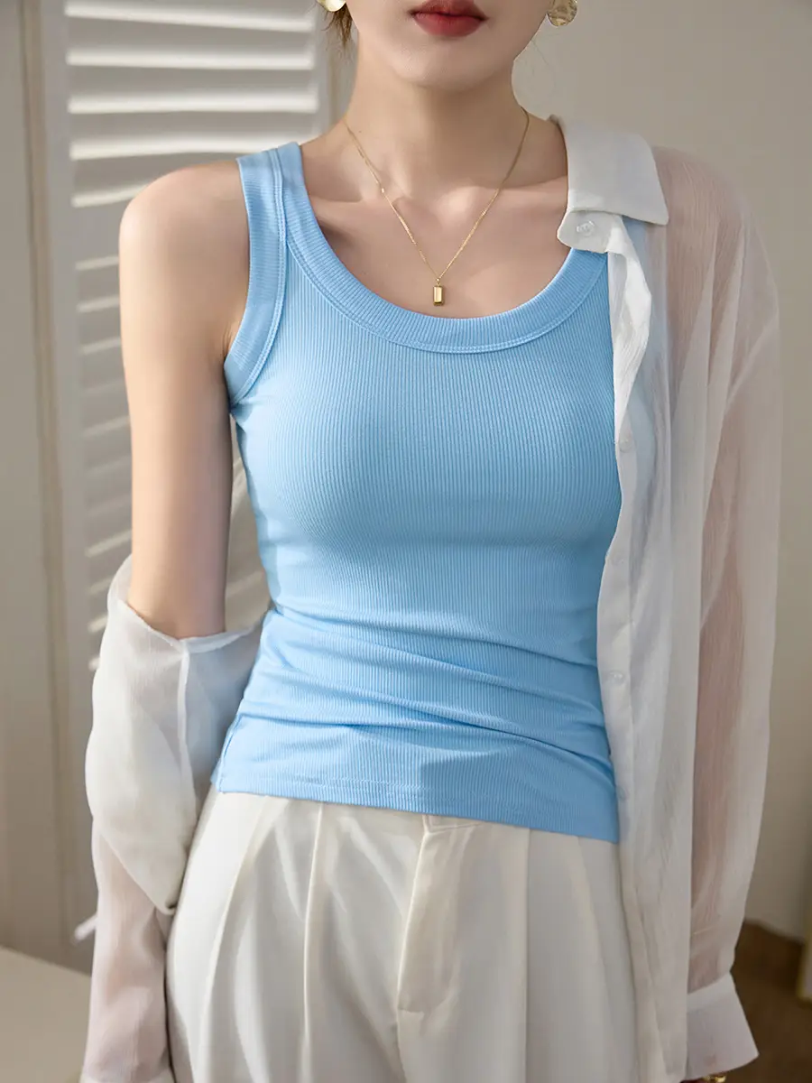 Women's Purple Cotton Vest with Wide Shoulder Straps - Image 9