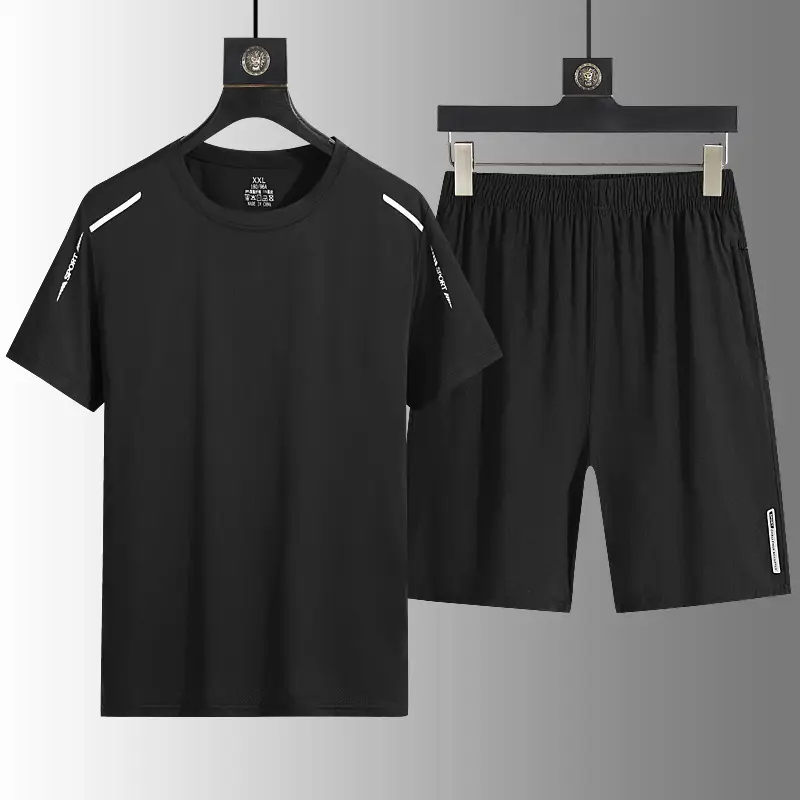 Summer Men's Clothing Set, Ice Silk Casual Men's Sports Suit, Loose Two-Piece Sportswear, Quick-Drying T-Shirt and Shorts