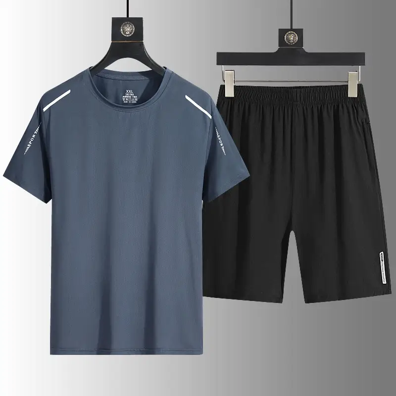 Summer Men's Clothing Set, Ice Silk Casual Men's Sports Suit, Loose Two-Piece Sportswear, Quick-Drying T-Shirt and Shorts