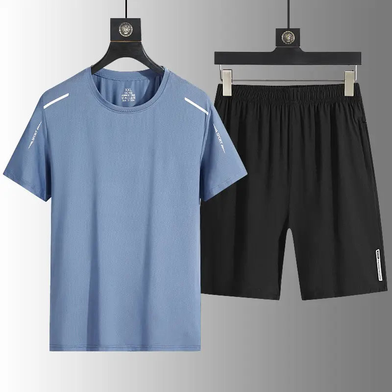 Summer Men's Clothing Set, Ice Silk Casual Men's Sports Suit, Loose Two-Piece Sportswear, Quick-Drying T-Shirt and Shorts