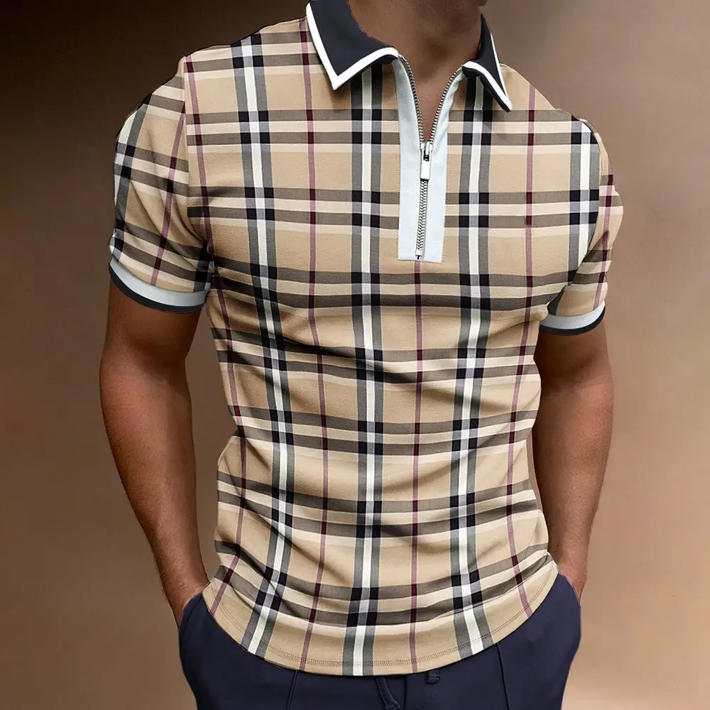 Men Navy Blue Zipper Polo Shirt with Gold Chain Pattern - Image 19