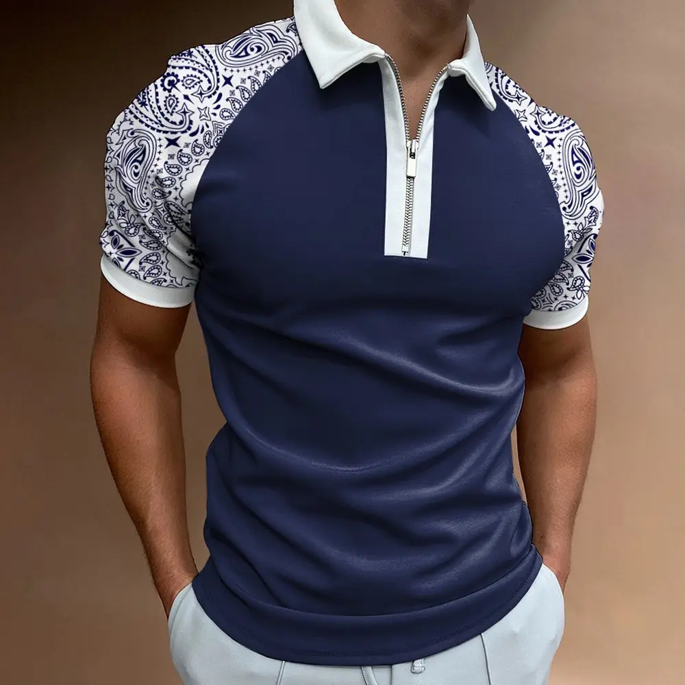 Men Navy Blue Zipper Polo Shirt with Gold Chain Pattern - Image 3