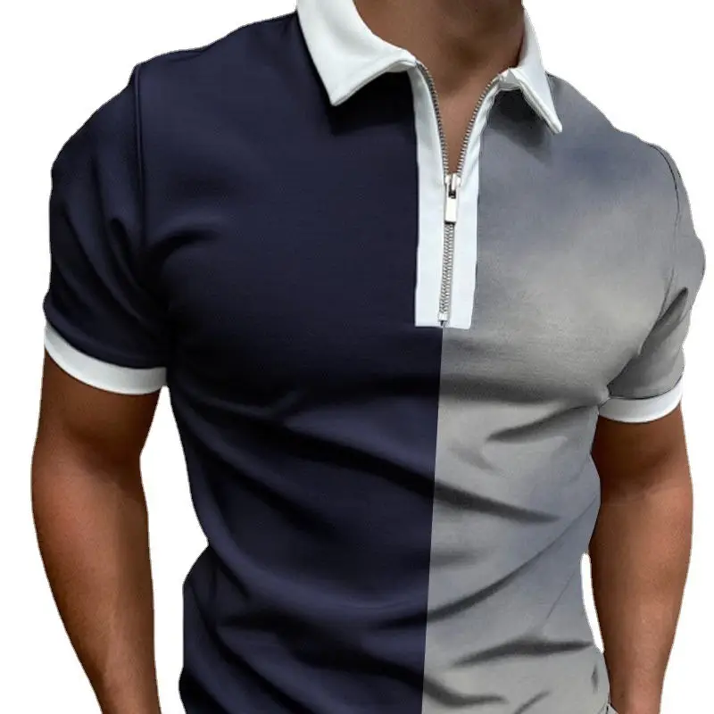 Men Navy Blue Zipper Polo Shirt with Gold Chain Pattern - Image 20