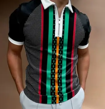 Men Navy Blue Zipper Polo Shirt with Gold Chain Pattern - Image 12