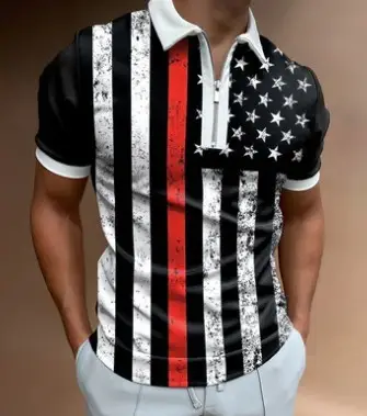 Men Navy Blue Zipper Polo Shirt with Gold Chain Pattern - Image 13