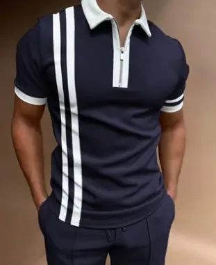 Men Navy Blue Zipper Polo Shirt with Gold Chain Pattern - Image 14