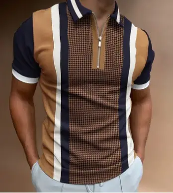 Men Navy Blue Zipper Polo Shirt with Gold Chain Pattern - Image 15