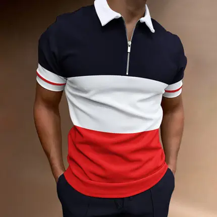 Men Navy Blue Zipper Polo Shirt with Gold Chain Pattern - Image 16