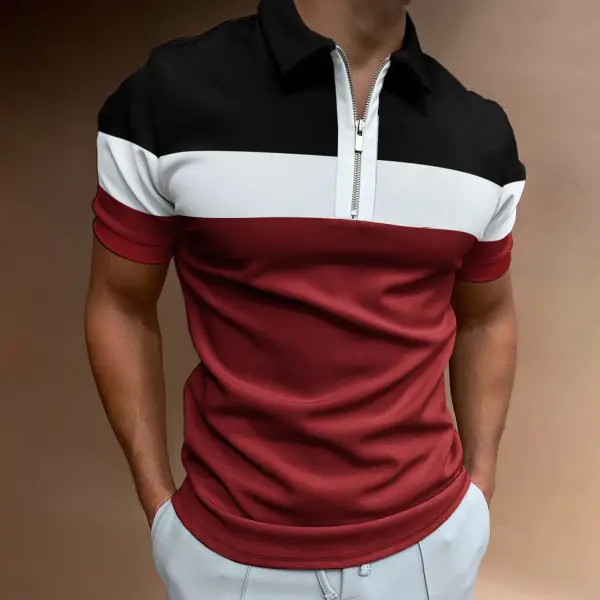 Men Navy Blue Zipper Polo Shirt with Gold Chain Pattern - Image 17