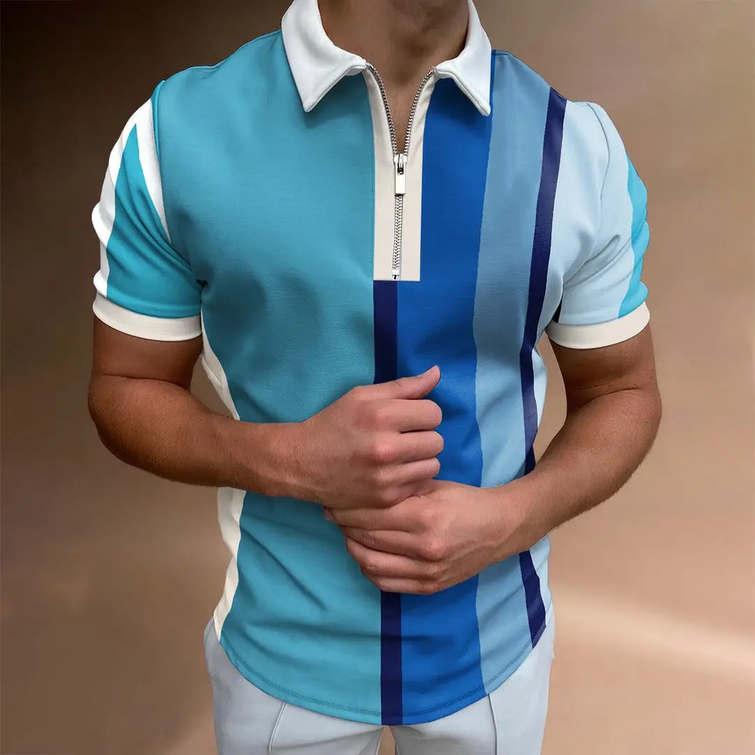 Men Navy Blue Zipper Polo Shirt with Gold Chain Pattern - Image 5