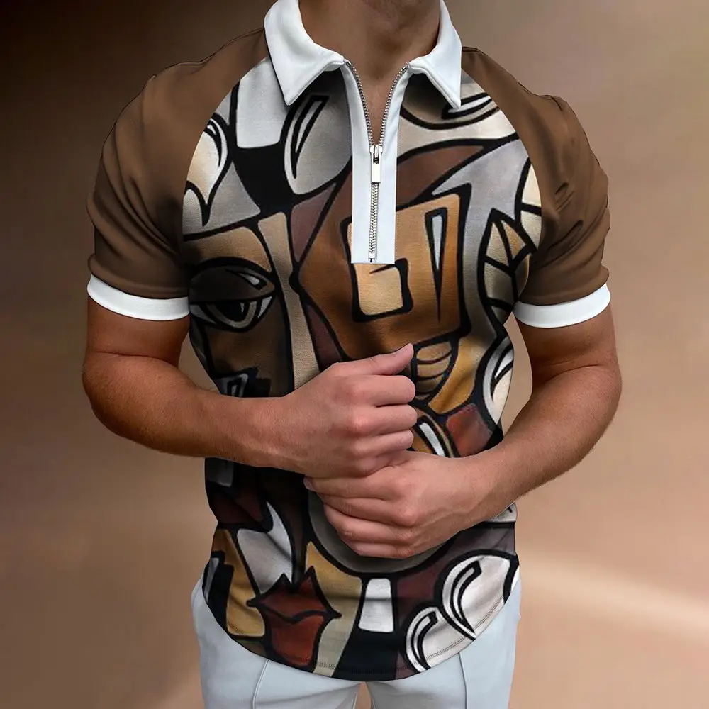 Men Navy Blue Zipper Polo Shirt with Gold Chain Pattern - Image 6