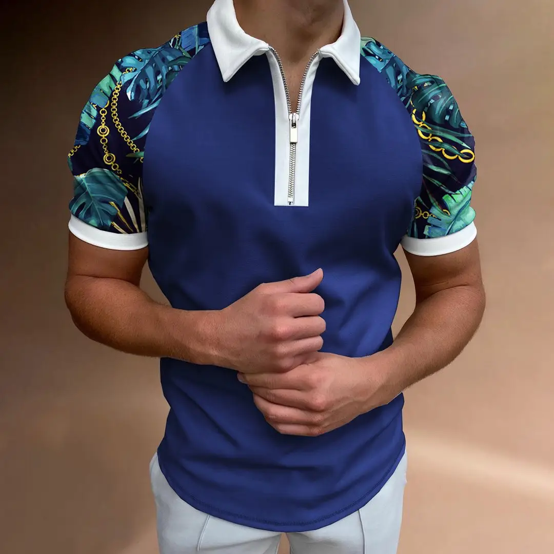 Men Navy Blue Zipper Polo Shirt with Gold Chain Pattern - Image 7