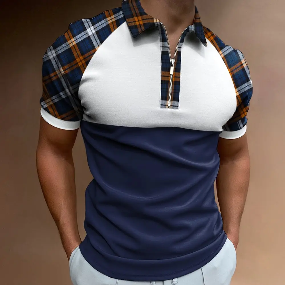 Men Navy Blue Zipper Polo Shirt with Gold Chain Pattern - Image 9