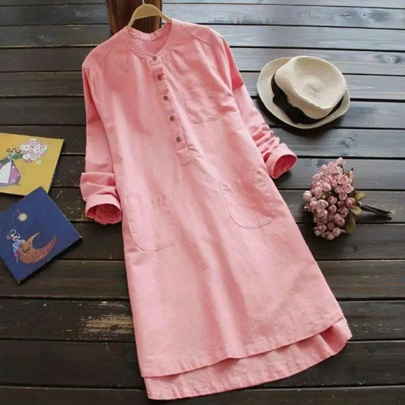 Cotton Linen Long Sleeve Shirt Pink Large - Image 6