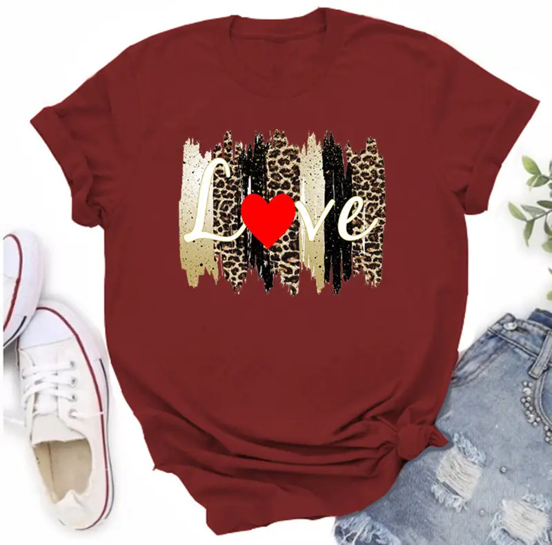 Women Orange Leopard Heart T-Shirt Casual Summer - Image 14