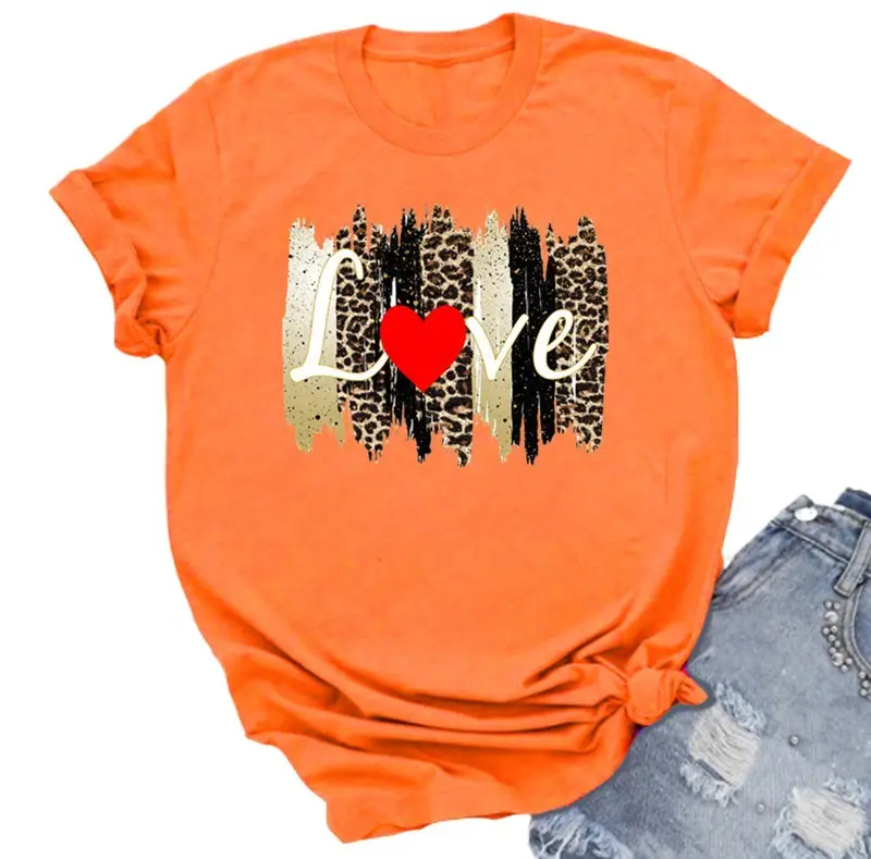 Women Orange Leopard Heart T-Shirt Casual Summer - Image 15