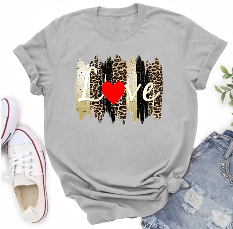 Women Orange Leopard Heart T-Shirt Casual Summer - Image 2