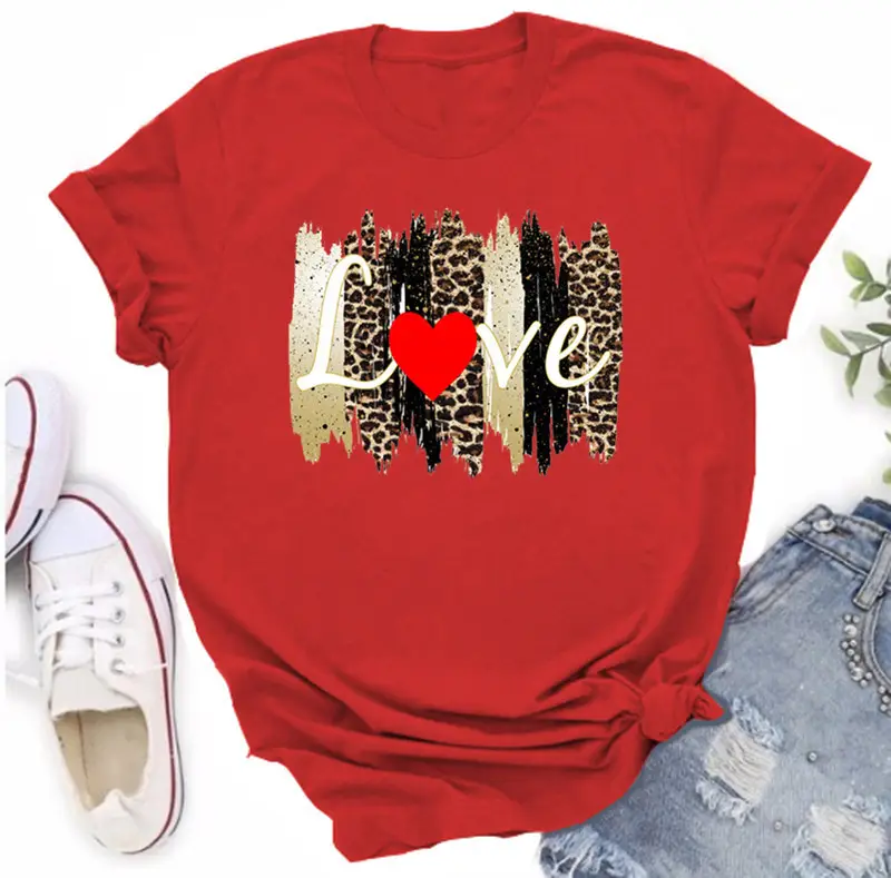 Women Orange Leopard Heart T-Shirt Casual Summer - Image 3