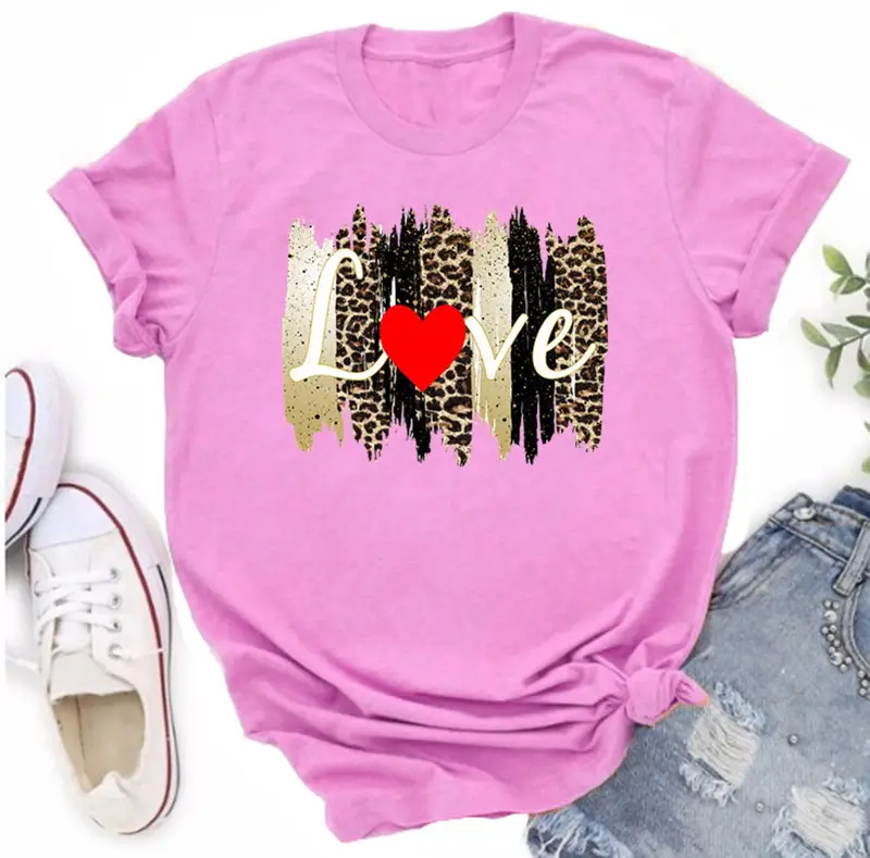 Women Orange Leopard Heart T-Shirt Casual Summer - Image 5