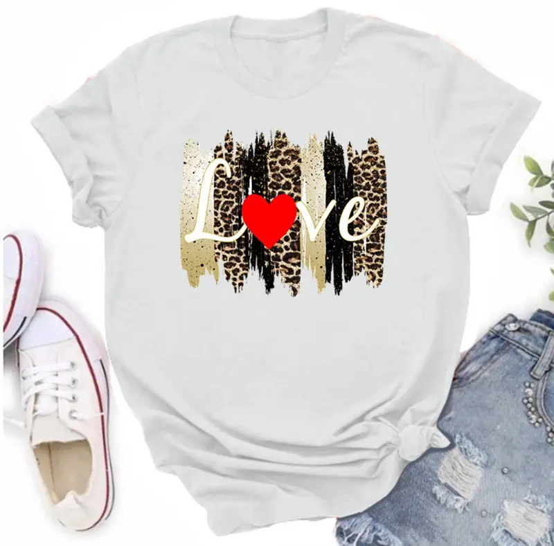 Women Orange Leopard Heart T-Shirt Casual Summer - Image 6