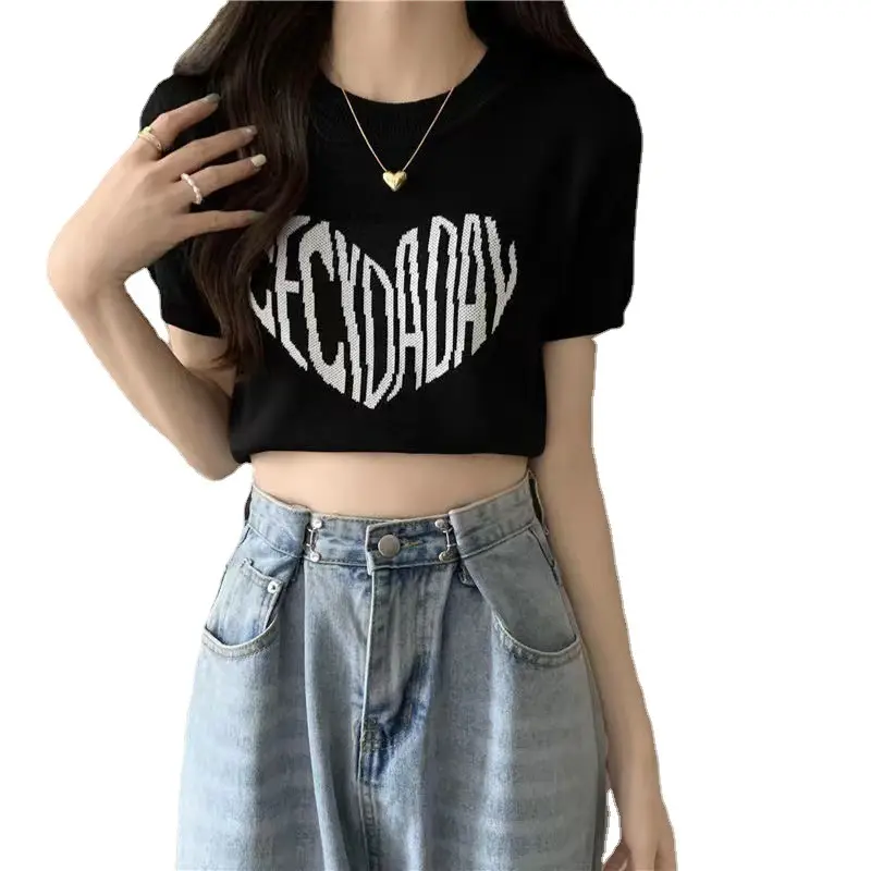 Women Love Pattern Short Sleeve T Shirt Shorts Set Light Blue Black - Image 8