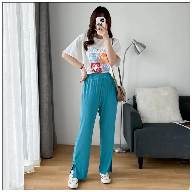 Women's Side Split Pants Summer Cool Ice Silk Large - Image 2