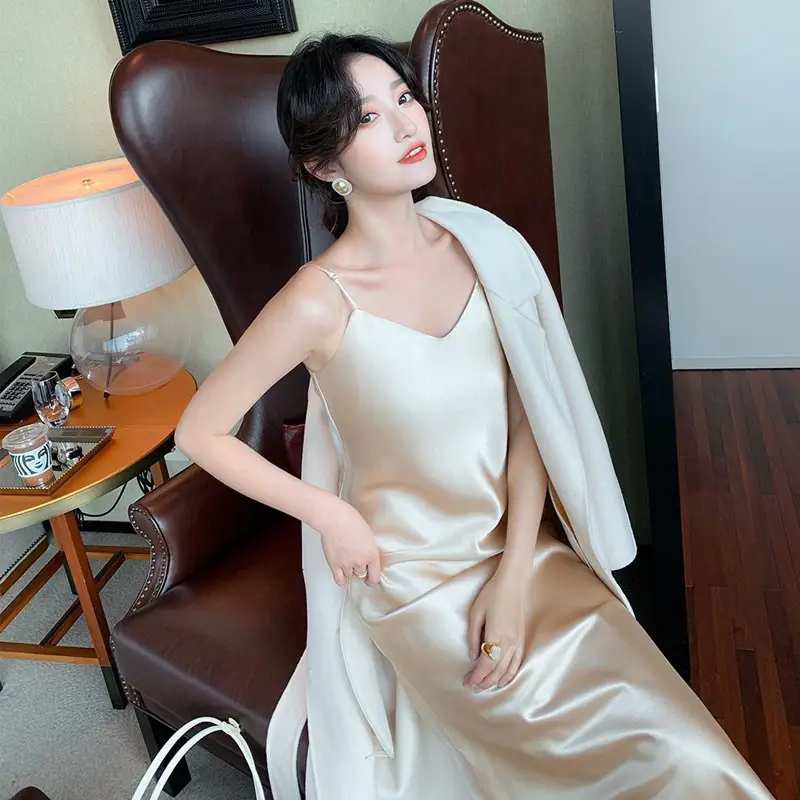 Ice Silk Dress Women's Matching Suit Acetic Satin Slimming Waist Long Skirt - Image 4