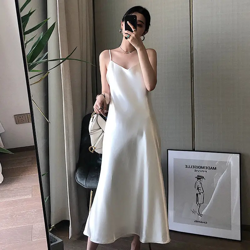 Ice Silk Dress Women's Matching Suit Acetic Satin Slimming Waist Long Skirt - Image 6
