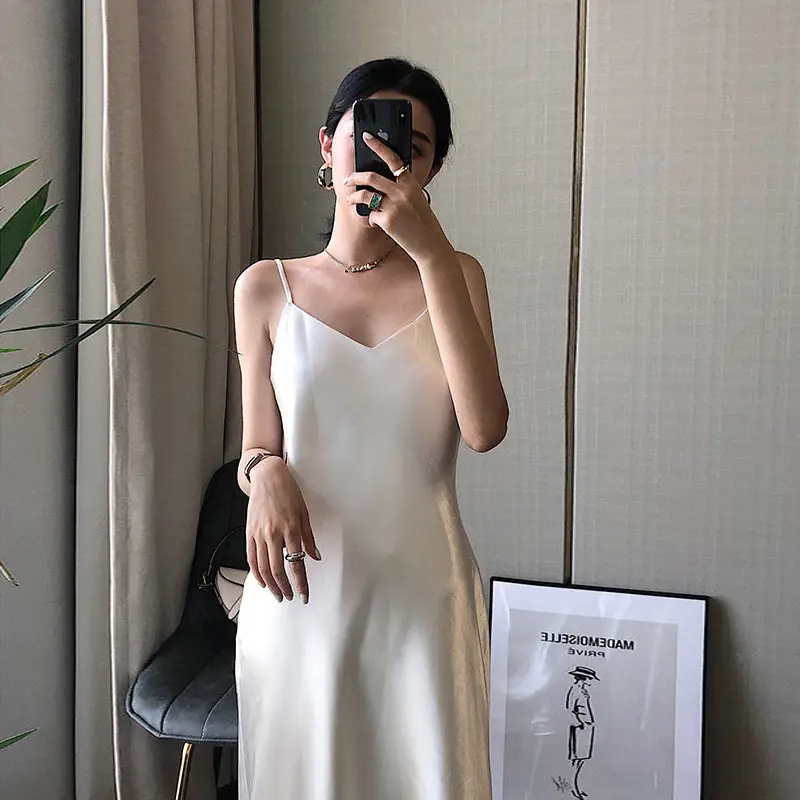 Ice Silk Dress Women's Matching Suit Acetic Satin Slimming Waist Long Skirt - Image 7