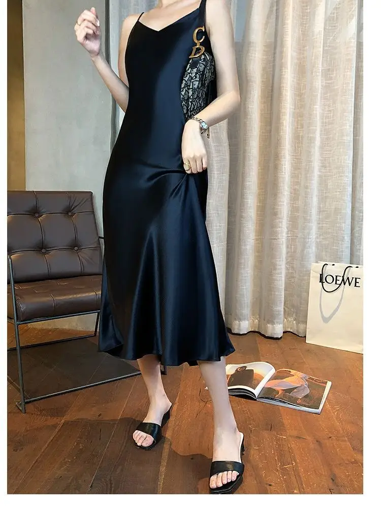 Ice Silk Dress Women's Matching Suit Acetic Satin Slimming Waist Long Skirt — feature 10