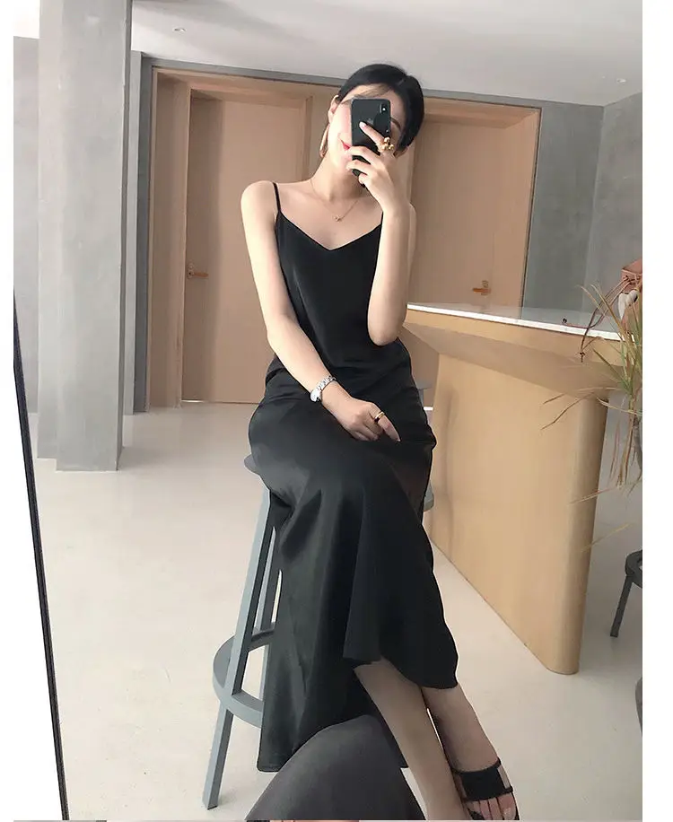 Ice Silk Dress Women's Matching Suit Acetic Satin Slimming Waist Long Skirt — feature 12