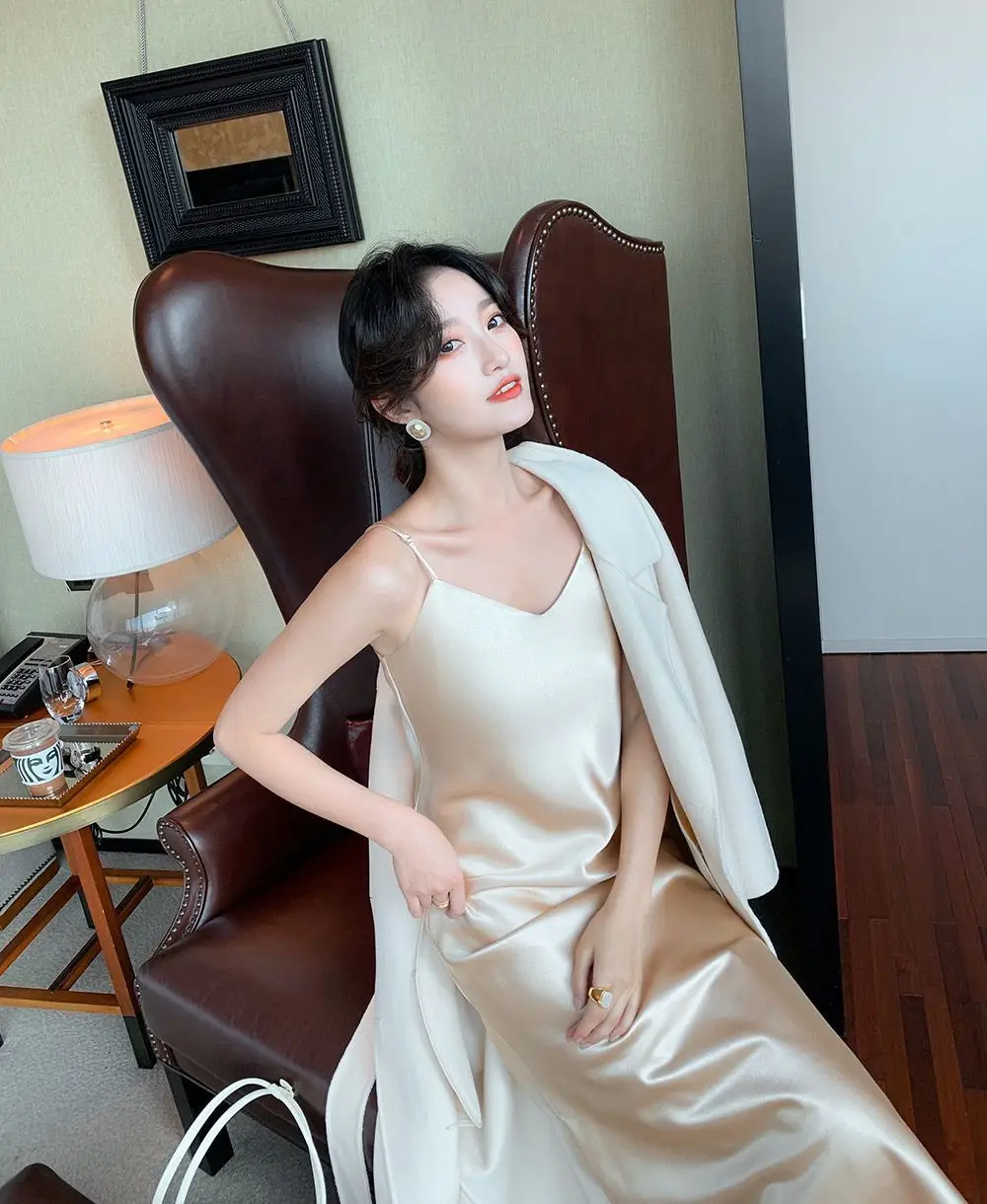 Ice Silk Dress Women's Matching Suit Acetic Satin Slimming Waist Long Skirt — feature 13