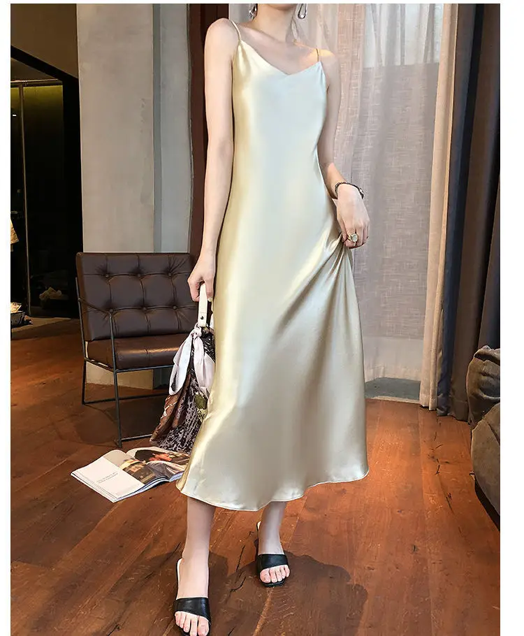 Ice Silk Dress Women's Matching Suit Acetic Satin Slimming Waist Long Skirt — feature 15