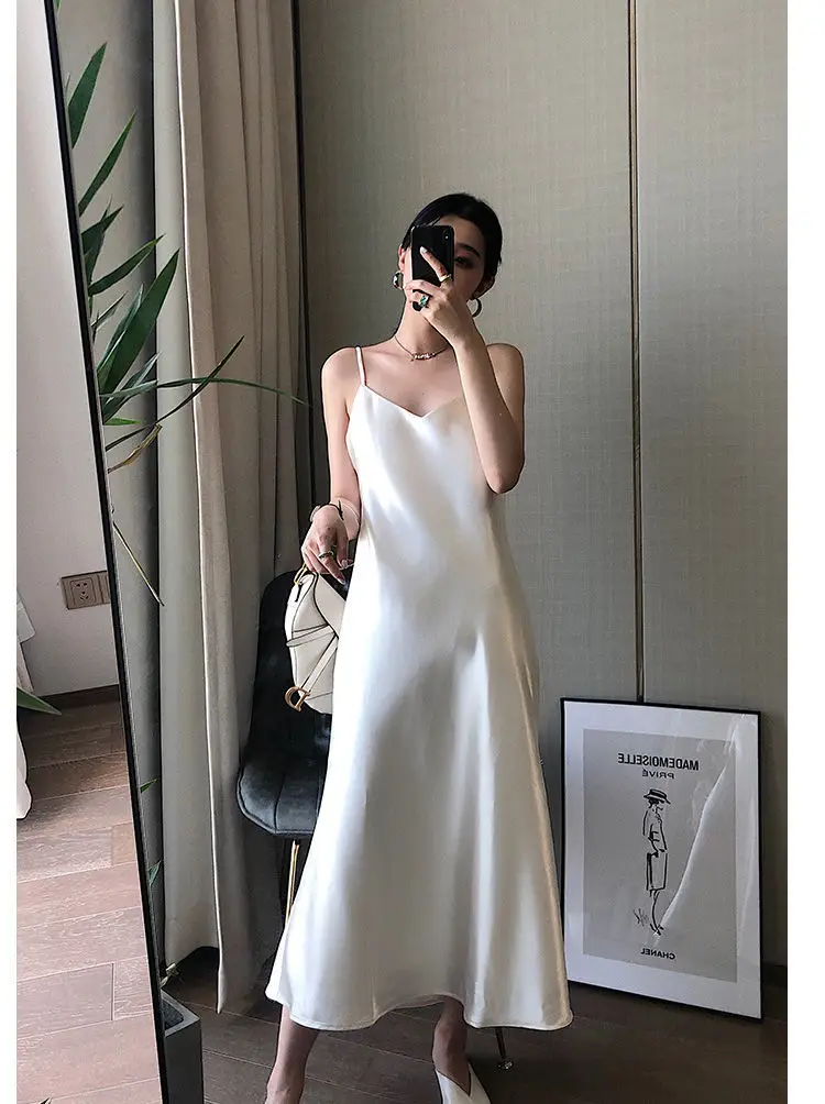 Ice Silk Dress Women's Matching Suit Acetic Satin Slimming Waist Long Skirt — feature 5