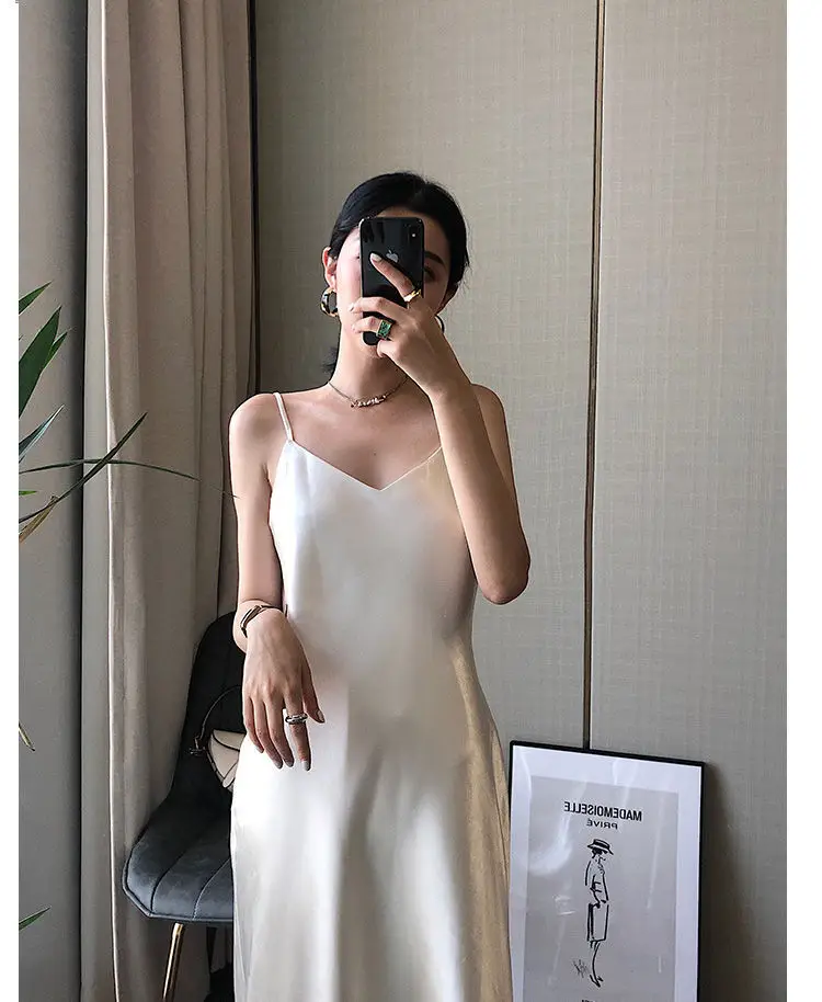 Ice Silk Dress Women's Matching Suit Acetic Satin Slimming Waist Long Skirt — feature 8