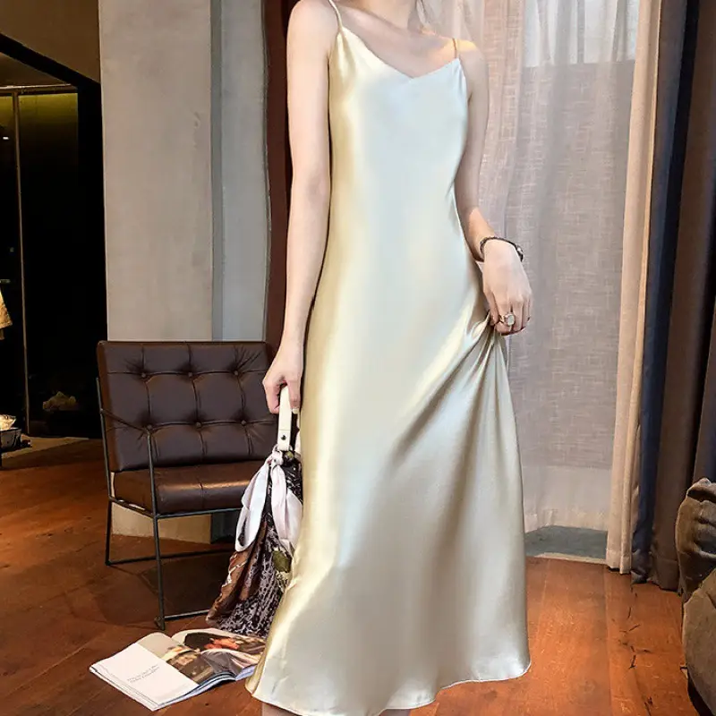 Ice Silk Dress Women's Matching Suit Acetic Satin Slimming Waist Long Skirt - Image 3