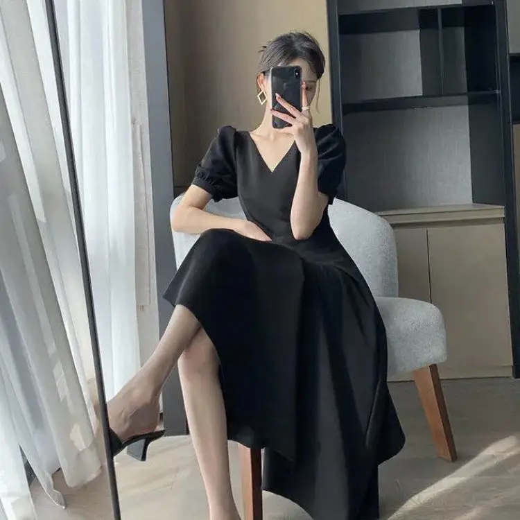 French Black V Neck A-Line Dress for Women 2023 - Image 7