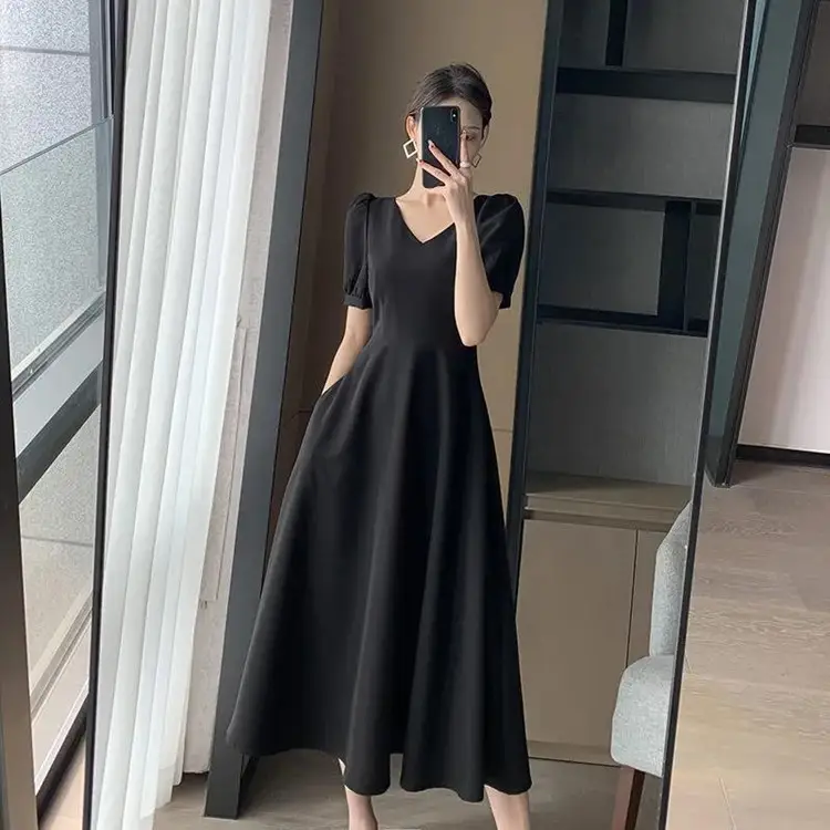 French Black V Neck A-Line Dress for Women 2023 - Image 8