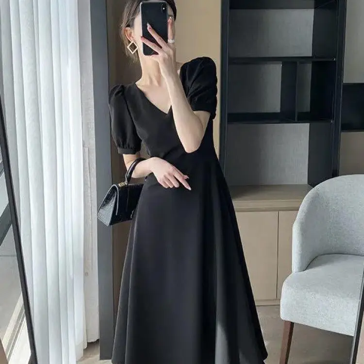 French Black V Neck A-Line Dress for Women 2023 - Image 10