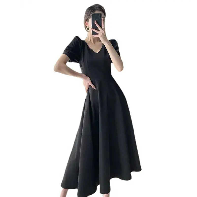 French Black V Neck A-Line Dress for Women 2023 - Image 11