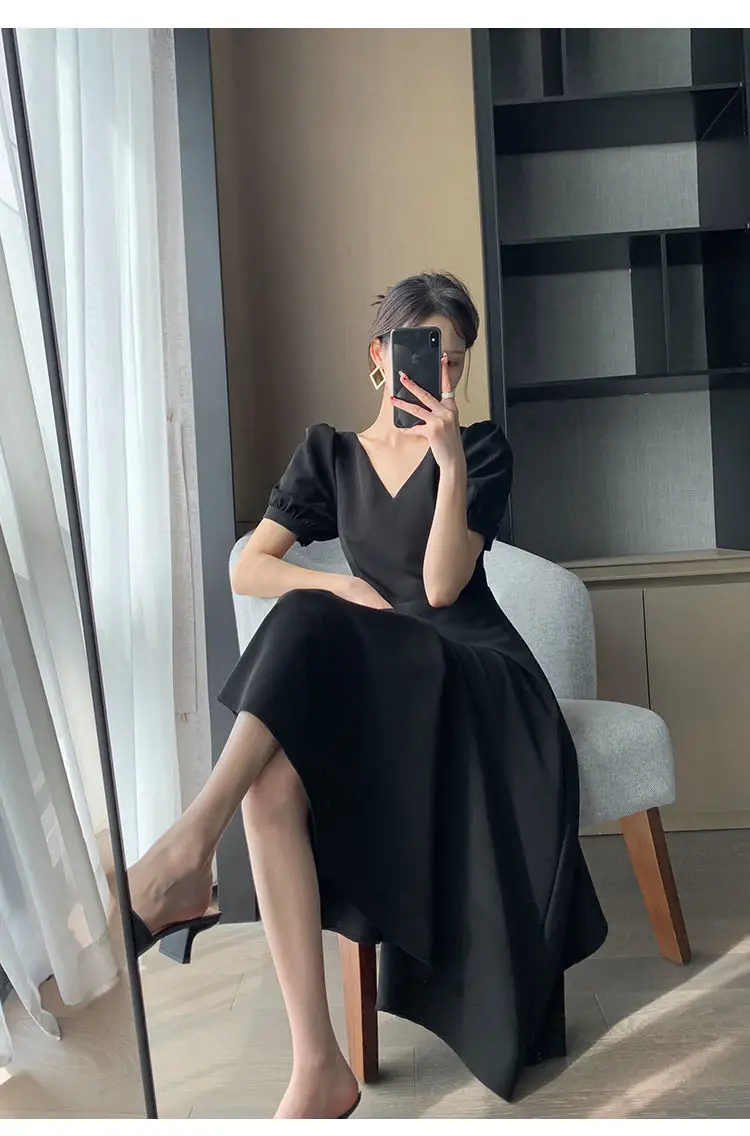 French Black V Neck A-Line Dress for Women 2023 — feature 10
