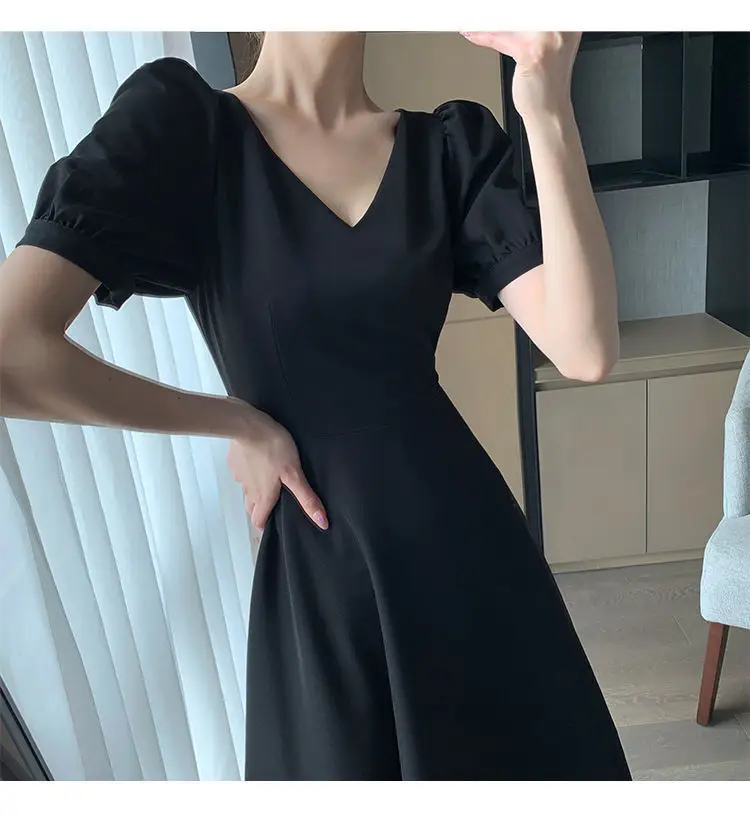 French Black V Neck A-Line Dress for Women 2023 — feature 11
