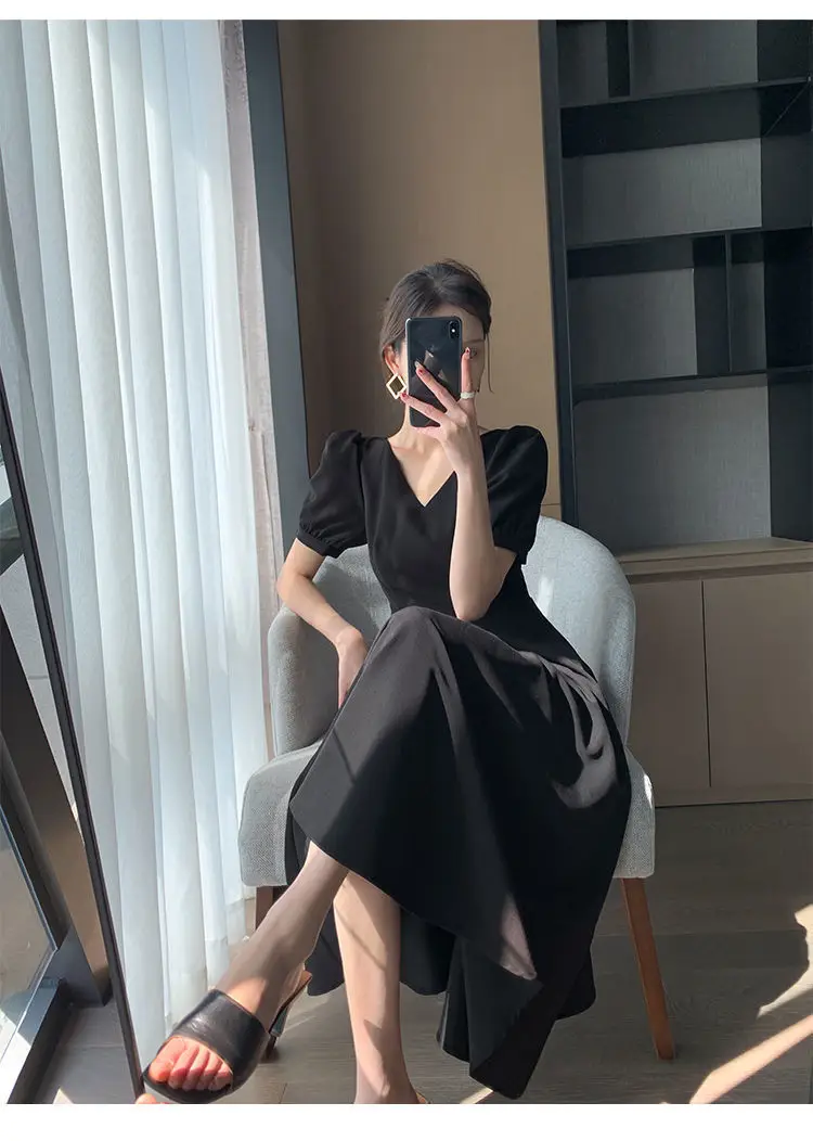 French Black V Neck A-Line Dress for Women 2023 — feature 12